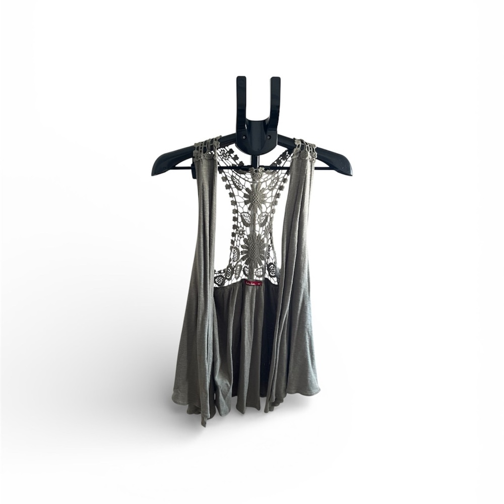 Barbara Lesser  Gray Sleeveless Top with Lace Detail